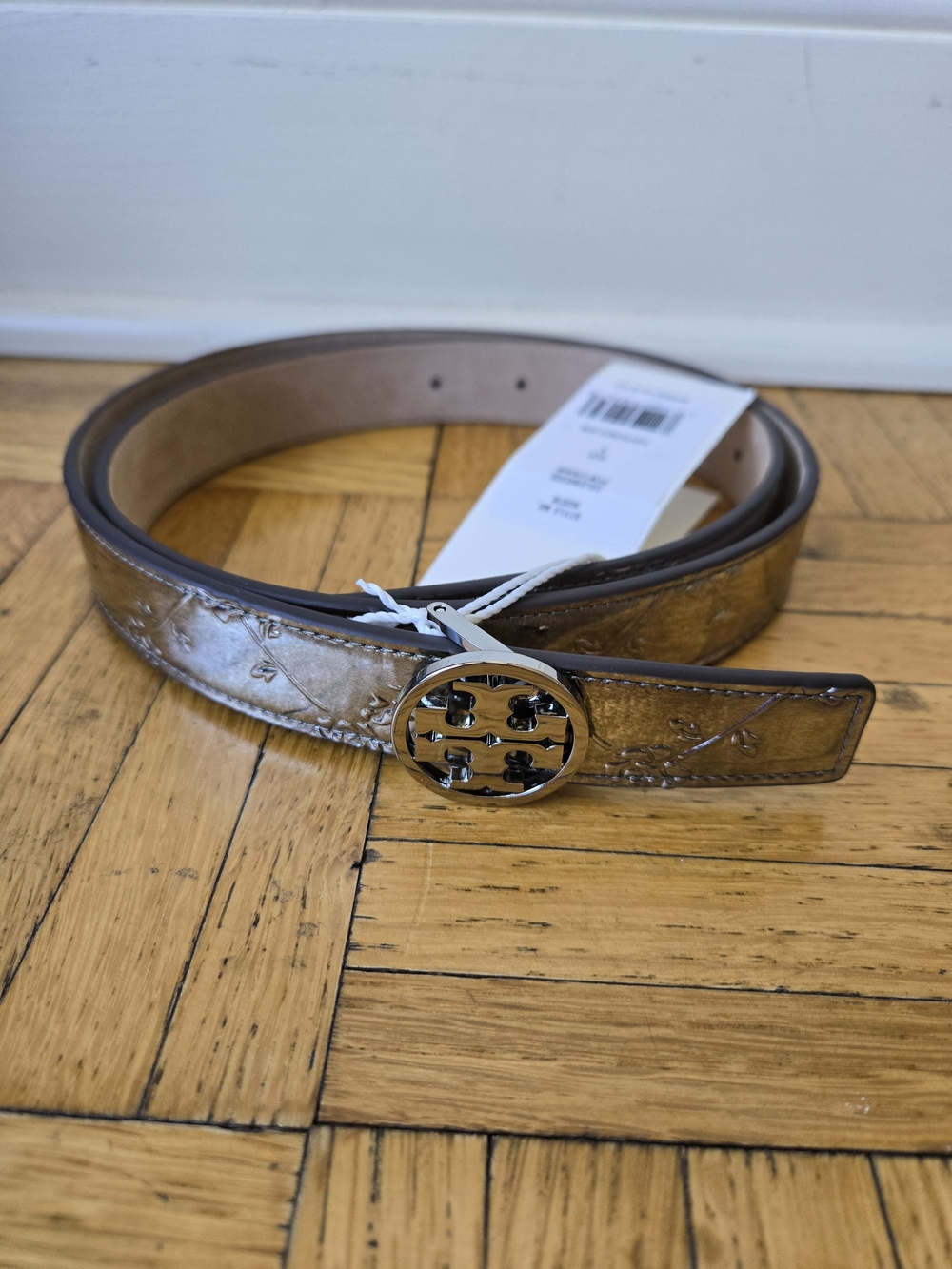 Brand New With Tags Tory Burch Women's Pewter Logo Leather Belt - Small